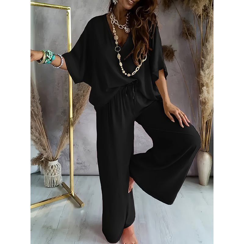Damen 2-teiliges Outfit, lässiges einfarbiges V-Ausschnitt Halbarm-Top und weite Hose Lounge Set