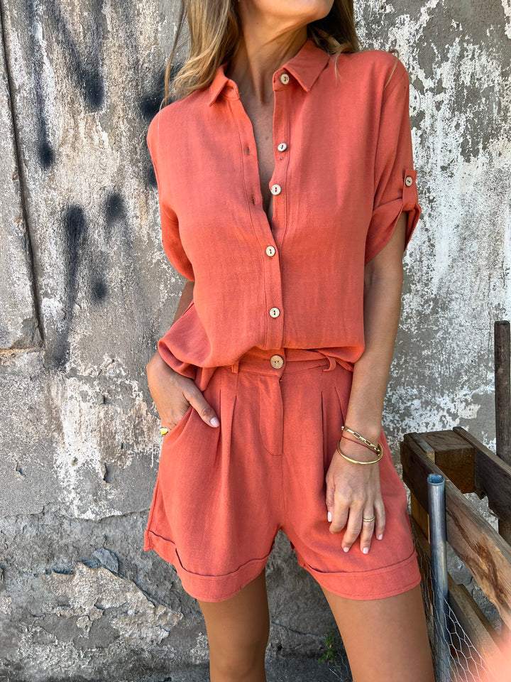 ead00bba03c44dd64756b65eae18d5dWomen's Linen Short Sleeve Shirt & Shorts Two-Piece Suit – AdriaPulse