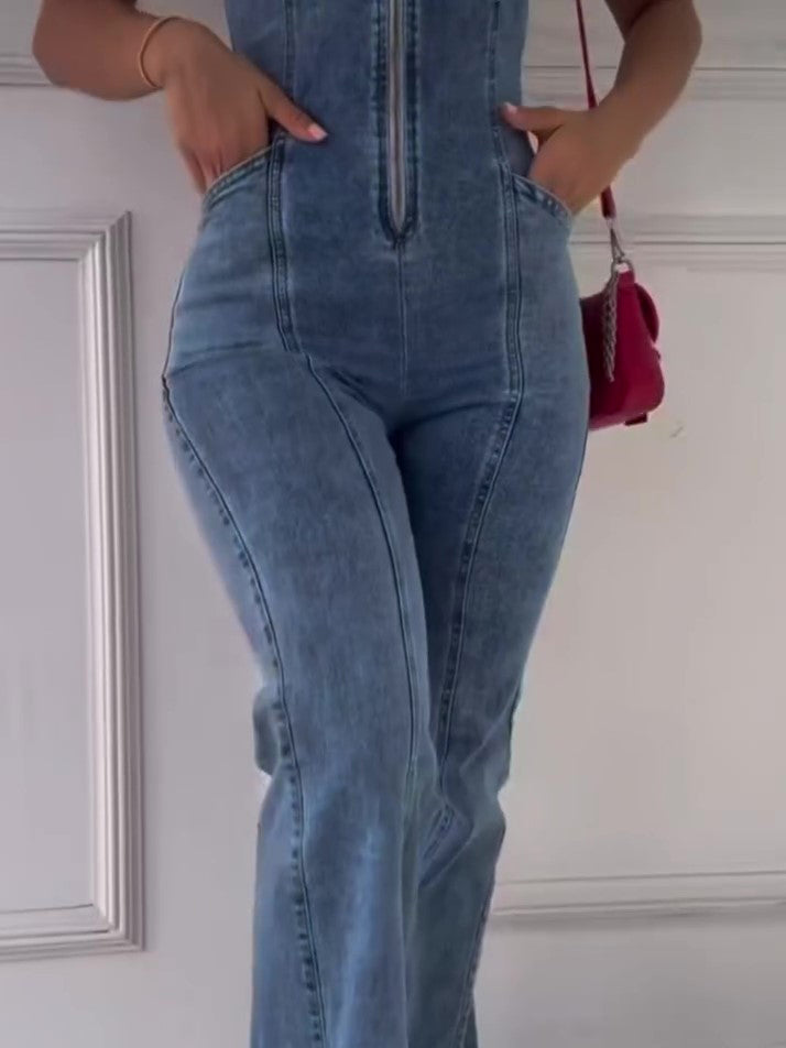 Sleeveless Paneled Zipper Denim Jumpsuit Blue | AdriaPulse