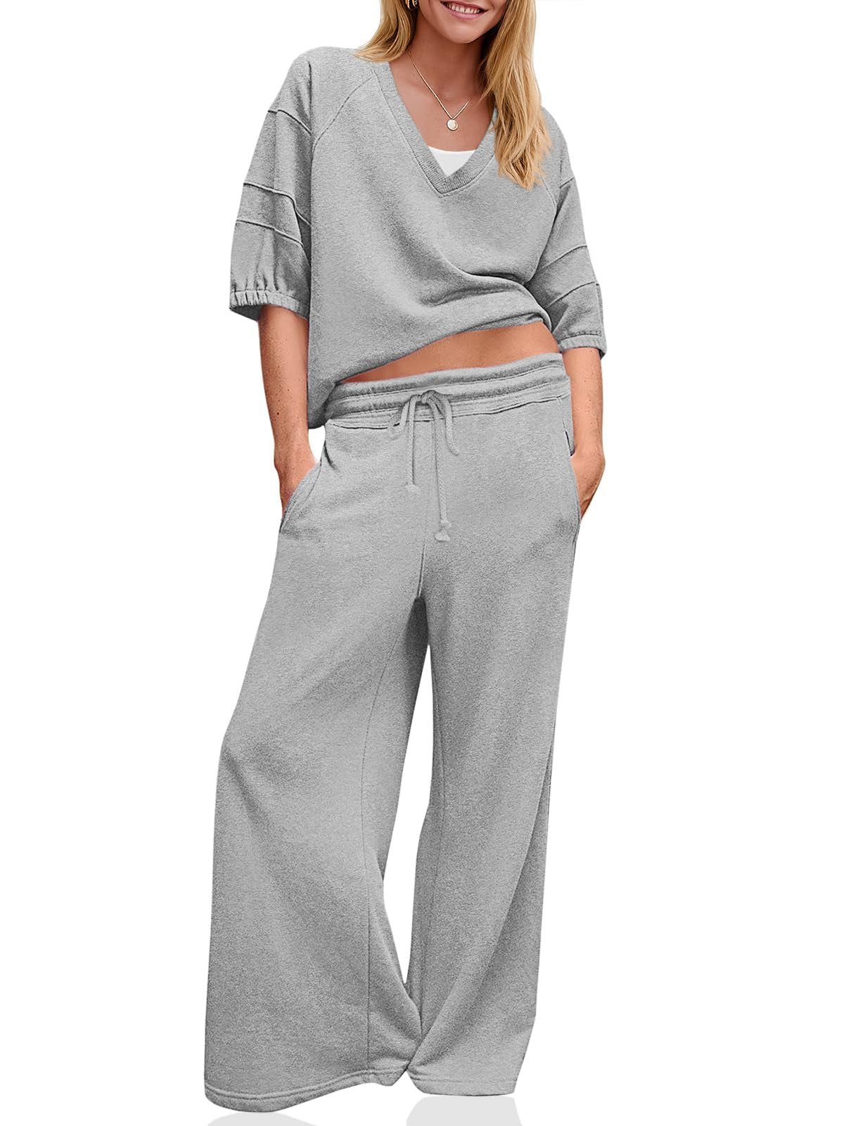 Women's 2-Piece V-Neck Shirt & Wide Leg Pants Tracksuit Set
