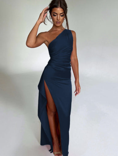 One-Shoulder Backless Slit Satin Maxi Dress Women  AdriaPulse