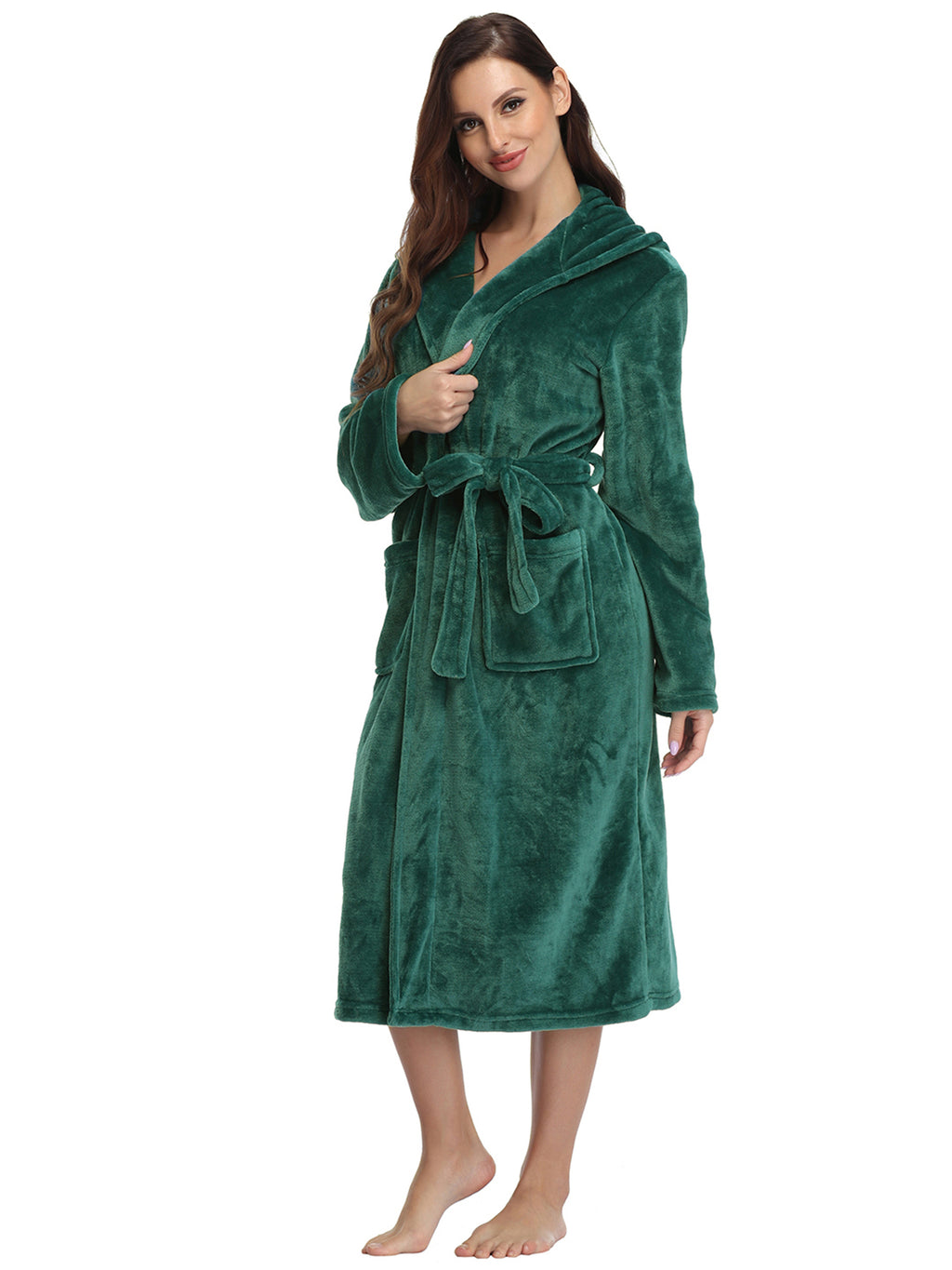 Robe de chambre longue en polaire moelleuse pour femme RONGTAI, peignoir épais à capuche avec poches, vêtement de nuit moelleux pour homme