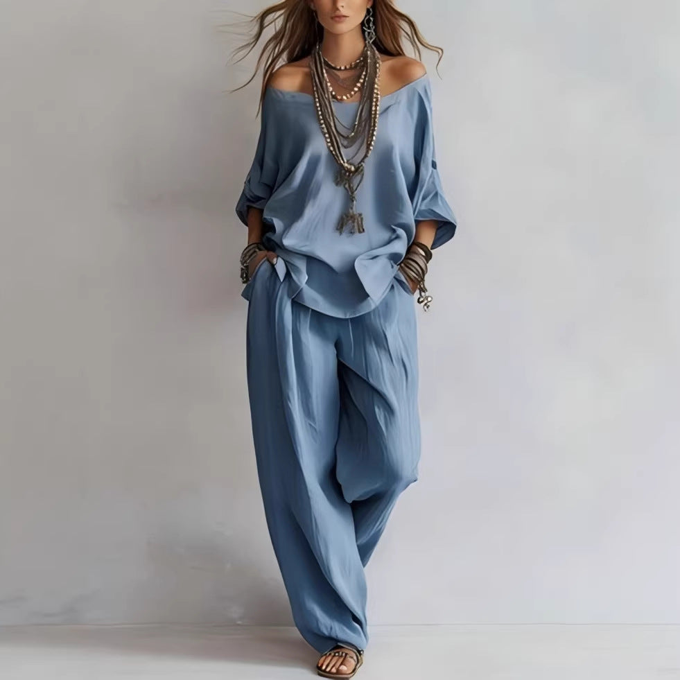 Women's Off-Shoulder Three-Quarter Sleeve Top Wide-Leg Pants Set Minimalist Street Fashion Co-Ord – AdriaPulse
