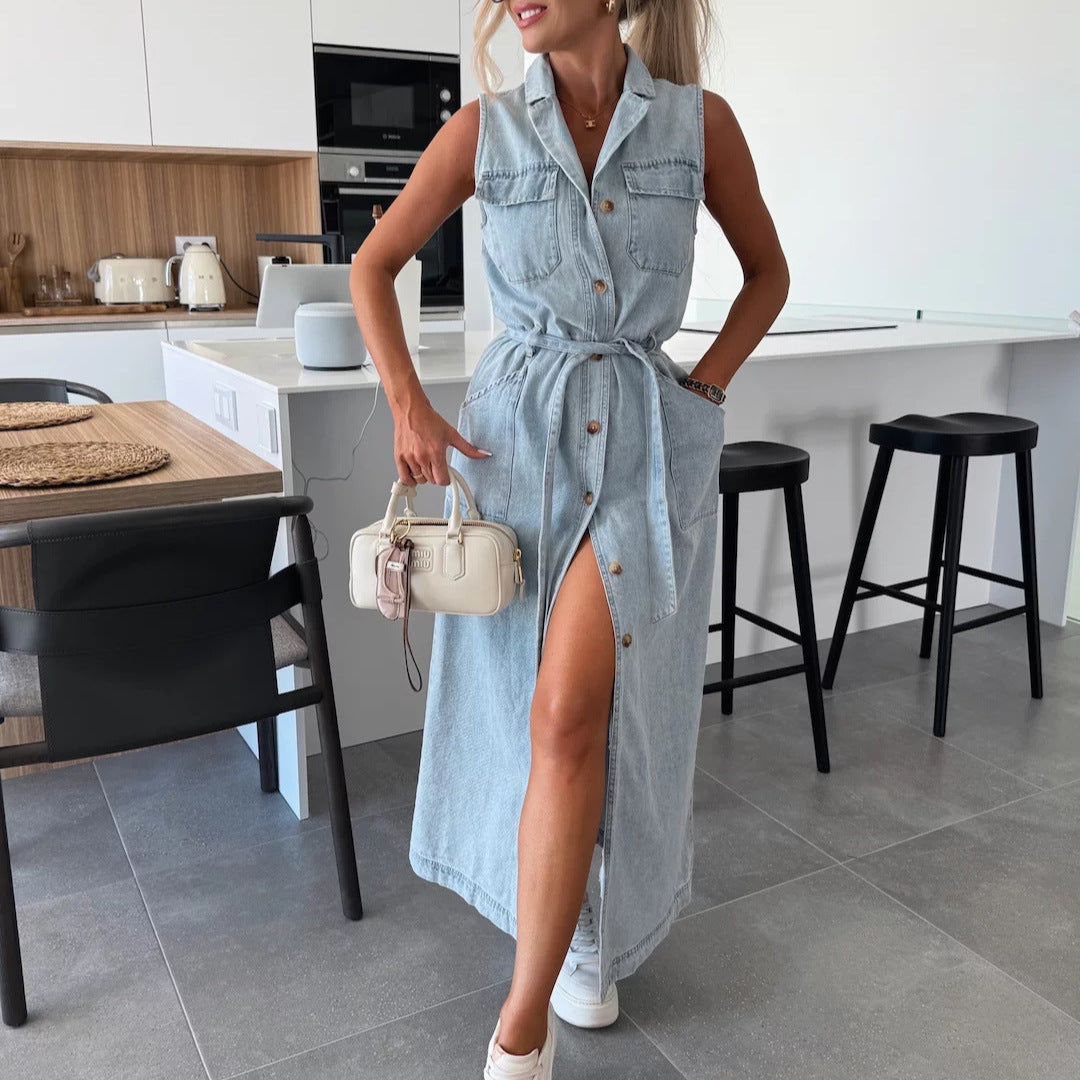 Women's Sleeveless Single-Breasted Denim Maxi Dress Tie Waist Street Fashion Long Dress Pink Front View – AdriaPulse