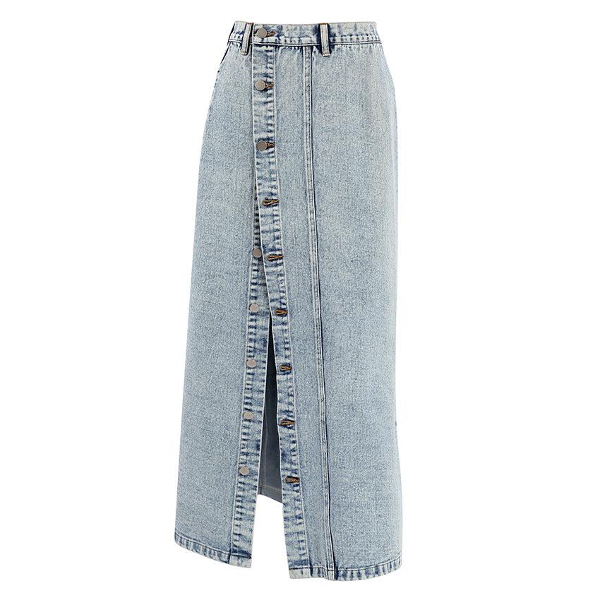 Women's Retro A-Line Denim Maxi Skirt – Washed Distressed Long Jean Skirt