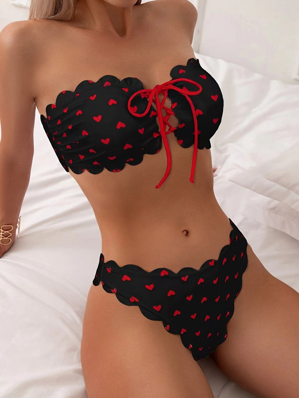 Printed Tube-Top Bikini Set Tie-Up Drawstring High Waist Swimsuit – AdriaPulse
