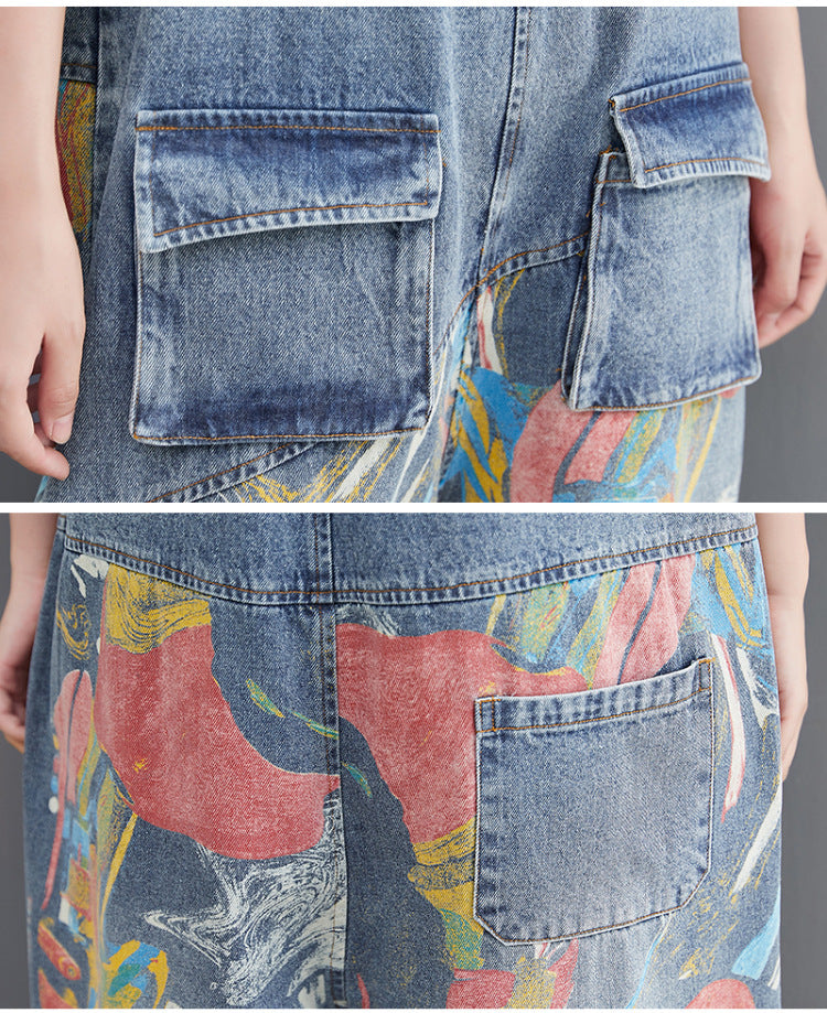 Women's distressed printed cotton denim suspender overalls in blue, vintage urban casual spring style – AdriaPulse"