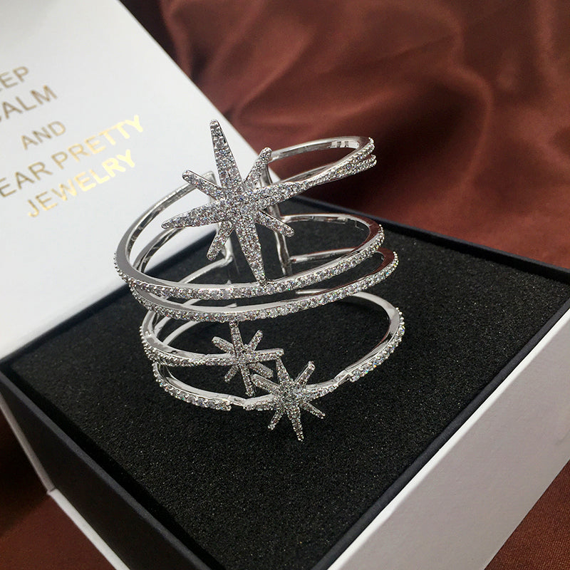 Zircon Star Moon Bangle – Gold Plated Celestial Bracelet for Women
