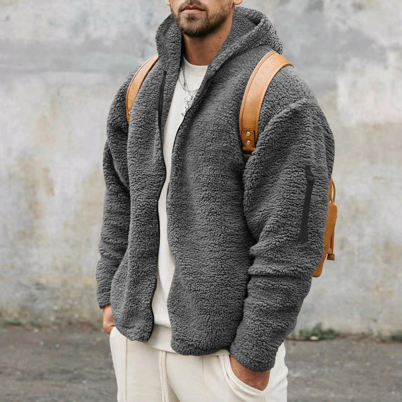 Herren-Plüsch-Kapuzenfleecejacke – Wendemantel mit zwei Seiten