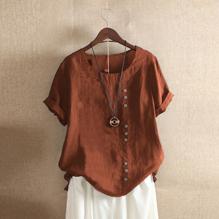 Women's Cotton Linen Short Sleeve T-Shirt Casual Spliced – AdriaPulse"
