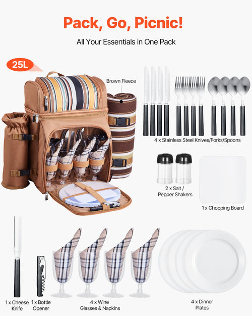 Beach Picnic Backpack Bag For 4 Person With Cooler Compartment Brown