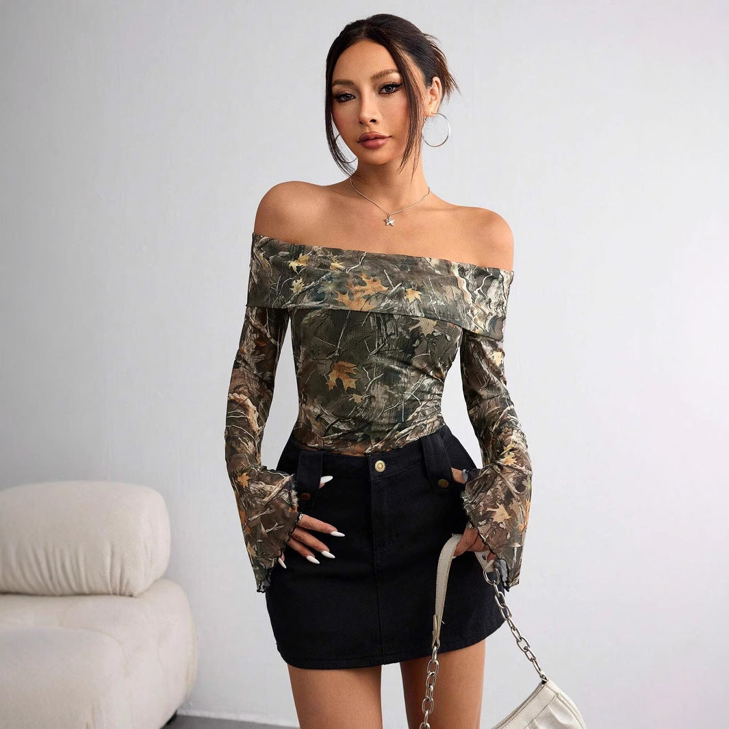 Women's Mesh Printed Off-Shoulder Long Sleeve Fitted Top Olive – AdriaPulse