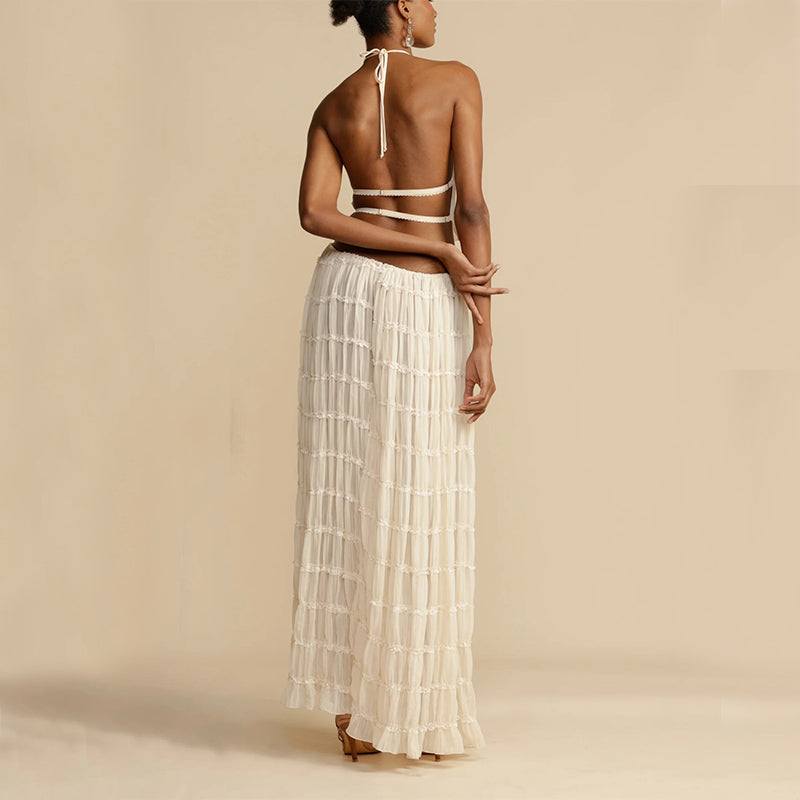 Women's Halter Crop Top Pleated Maxi Skirt Set Sexy Backless 2-Piece Beach Dress Suit – AdriaPulse
