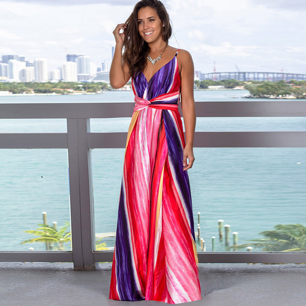 Women's Sling Backless Beach Dress – High Waist Maxi Swing Skirt