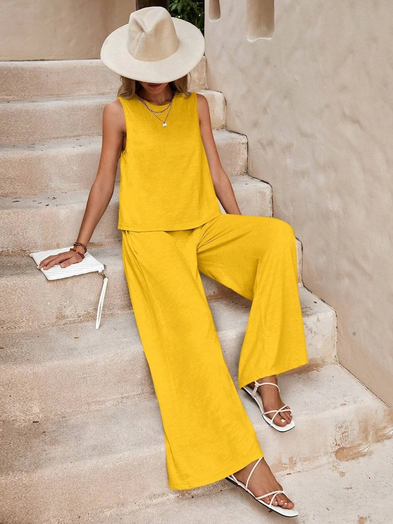 Women's Sleeveless Two Piece Suit – Casual Loose Top & Wide Leg Trousers Set