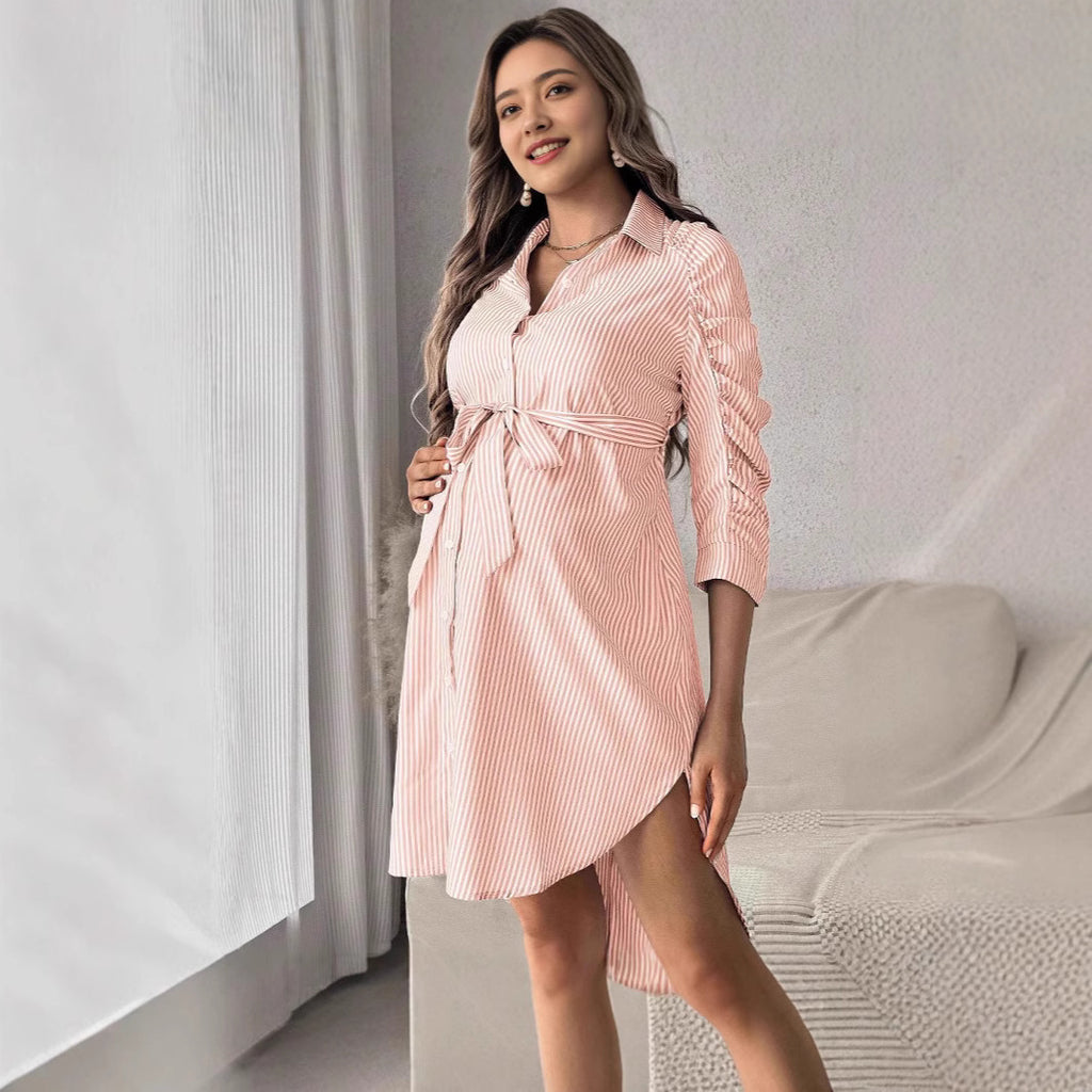 Women's blue and white striped maternity dress with lapel collar and asymmetric hem — elegant midi dress for pregnancy and casual wear