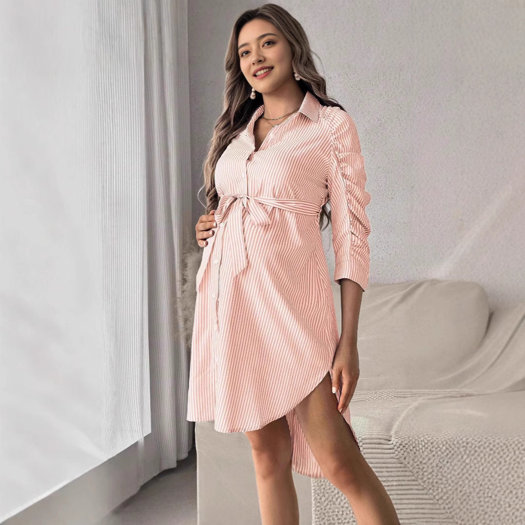 Women's blue and white striped maternity dress with lapel collar and asymmetric hem — elegant midi dress for pregnancy and casual wear