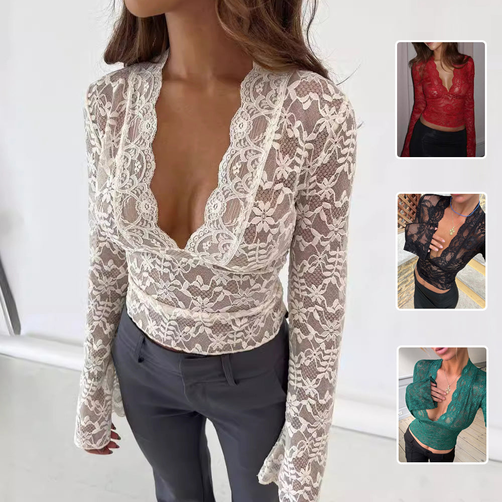 Haut à manches longues en dentelle florale, style Y2K, chemise ajustée à porter sous les vêtements, vêtements pour femmes