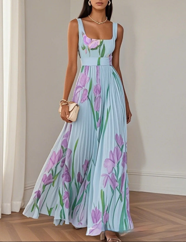 Floral Print Pleated A-Line Midi Dress Sleeveless High Waist Summer Dress AdriaPulse
