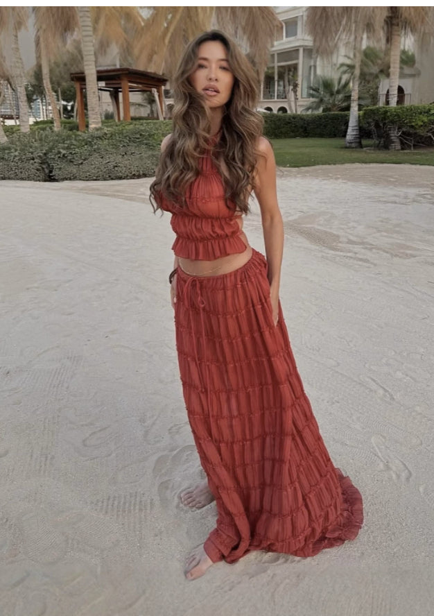 Women's Halter Crop Top Pleated Maxi Skirt Set Sexy Backless 2-Piece Beach Dress Suit – AdriaPulse
