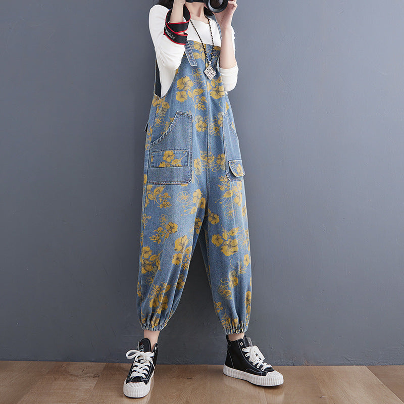 Women's High Waist Washed Denim Suspender Overalls – Printed Jean Jumpsuit