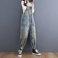 Women's High Waist Washed Denim Suspender Overalls – Printed Jean Jumpsuit