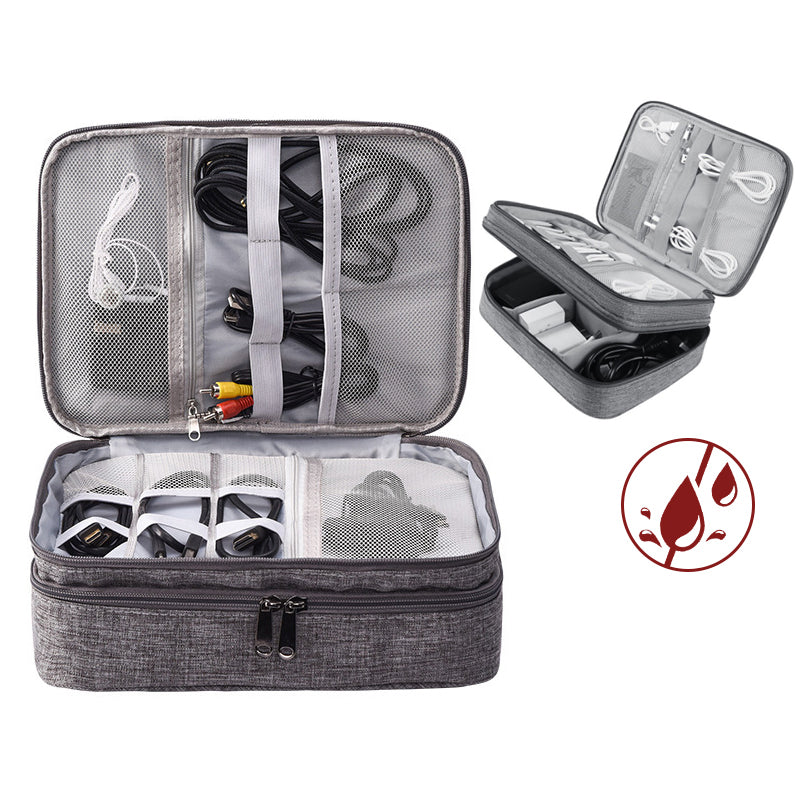 Gray waterproof electronics organizer travel bag — double layer cable and charger case for USB drives, tablets and accessories