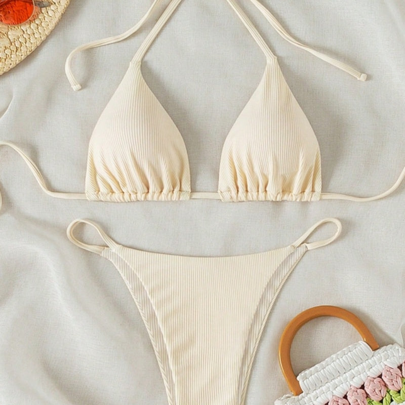 Women's Sexy Ribbed Tie Bikini Set – V-Neck Two-Piece Swimsuit
