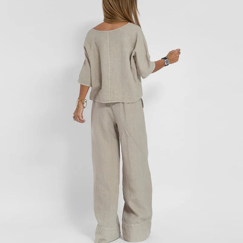 Linen Suits for Women 2 Pieces Summer Fashion New White Round Neck Casual T-shirt Elastic Waist Wide Leg Pants Two Piece Sets