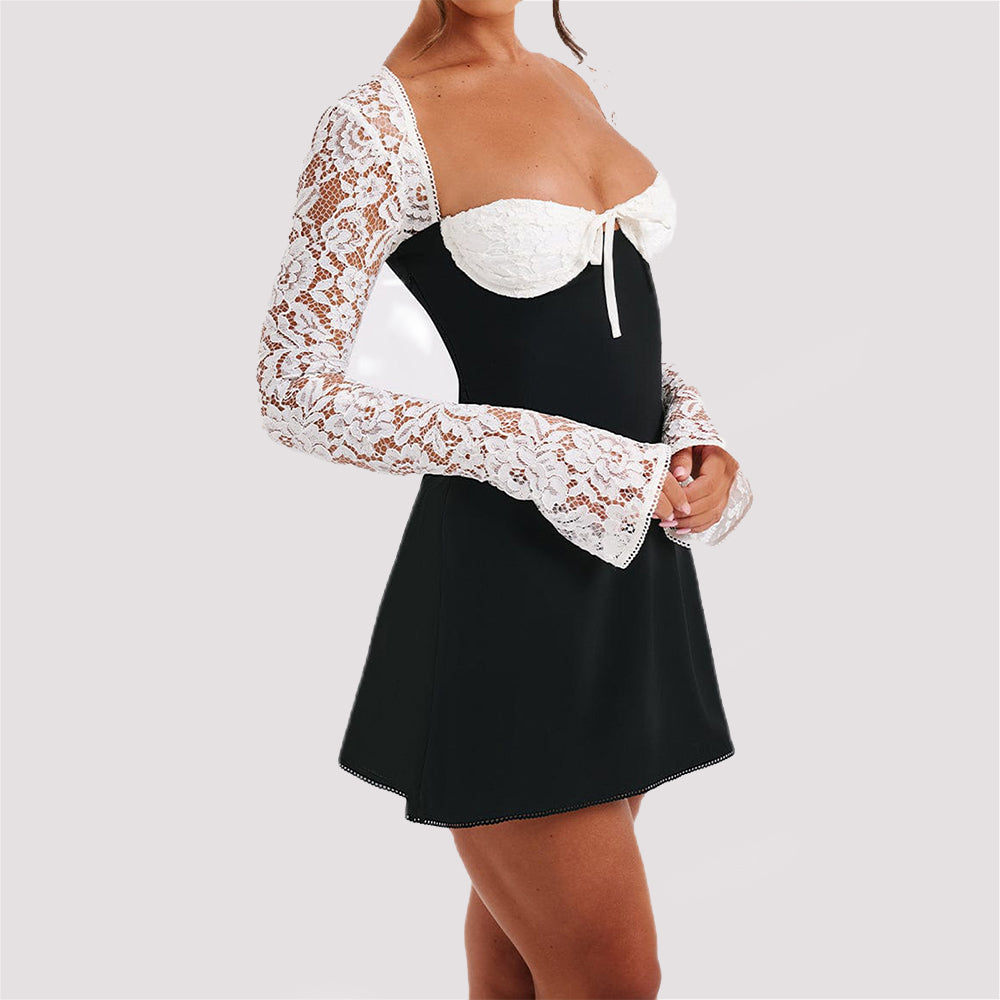 Y2K Spitze Langarmkleid Mode Sexy Korsett Rückenfrei Schnürung Kurze Kleider Damenbekleidung