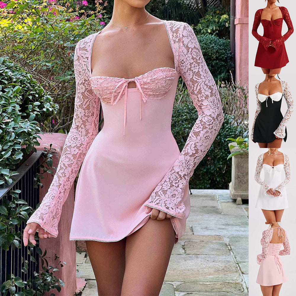 Y2K Spitze Langarmkleid Mode Sexy Korsett Rückenfrei Schnürung Kurze Kleider Damenbekleidung