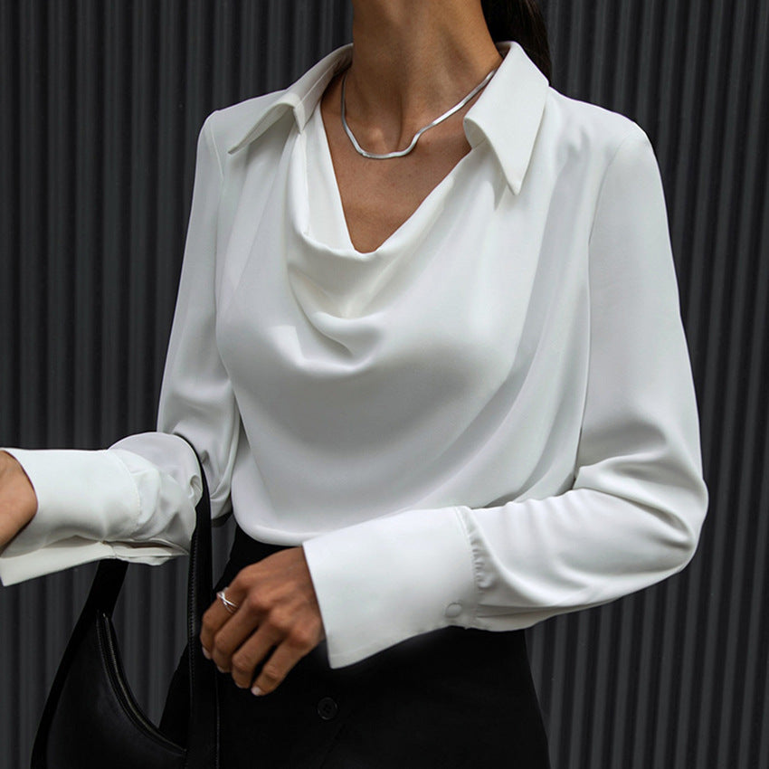 Collared Long Sleeve Solid Color Blouse Women Casual Business Top AdriaPulse
