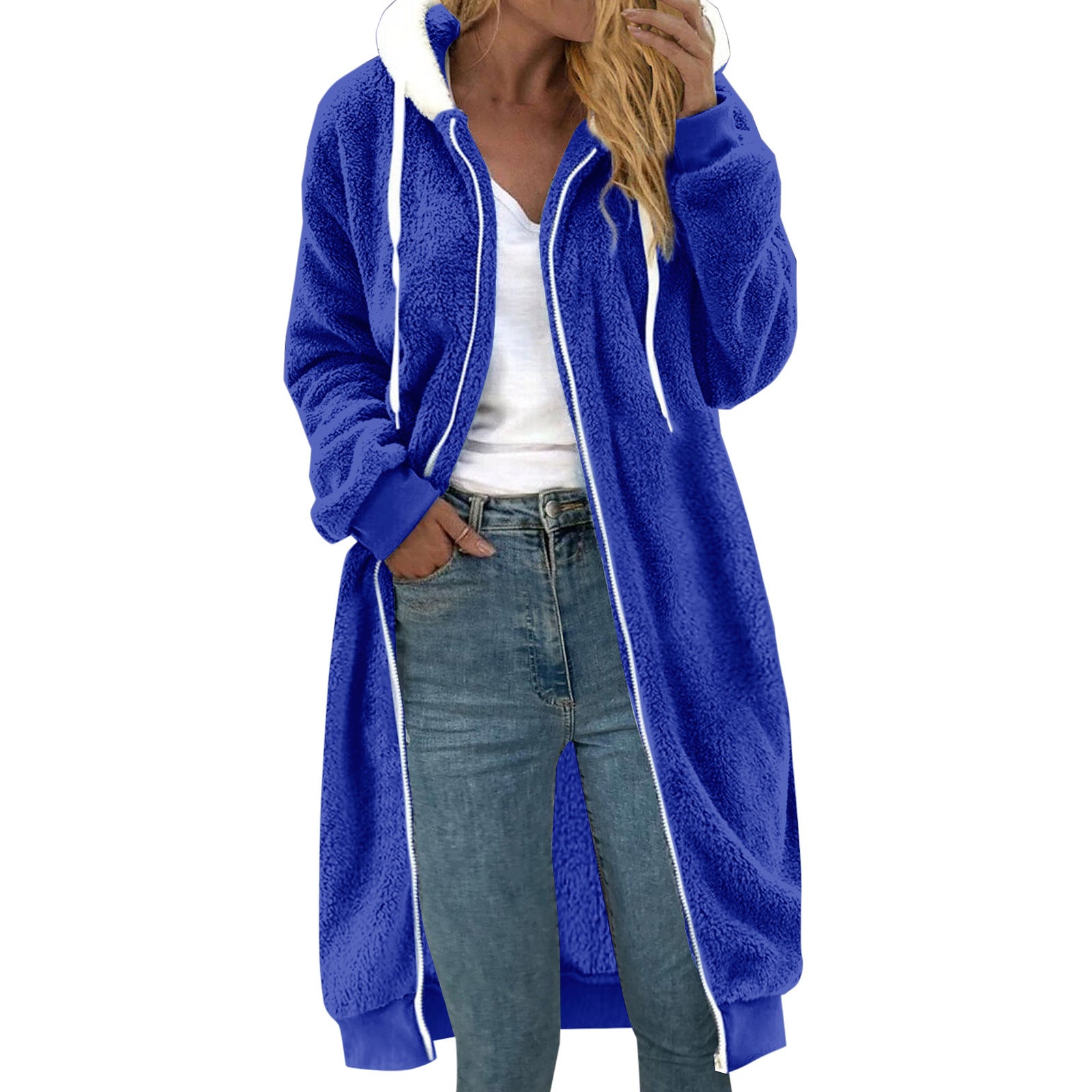 Manteau à capuche en peluche double face mi-long épais pour femme