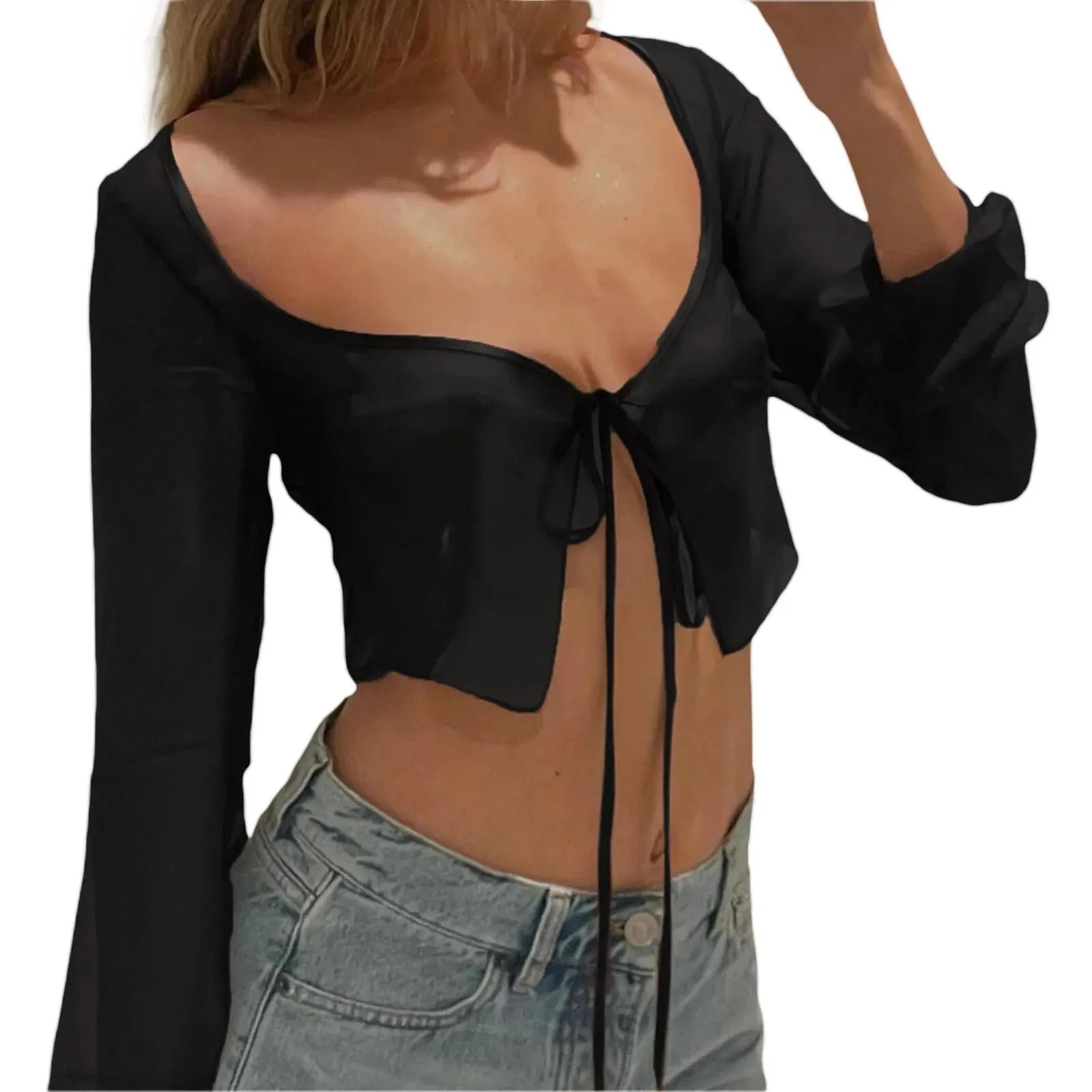 Damen Crop Tops Langarm Durchsichtig Einfarbig Zum Binden Cardigan Mesh Transparent T-Shirt Sexy Sommer Streetwear