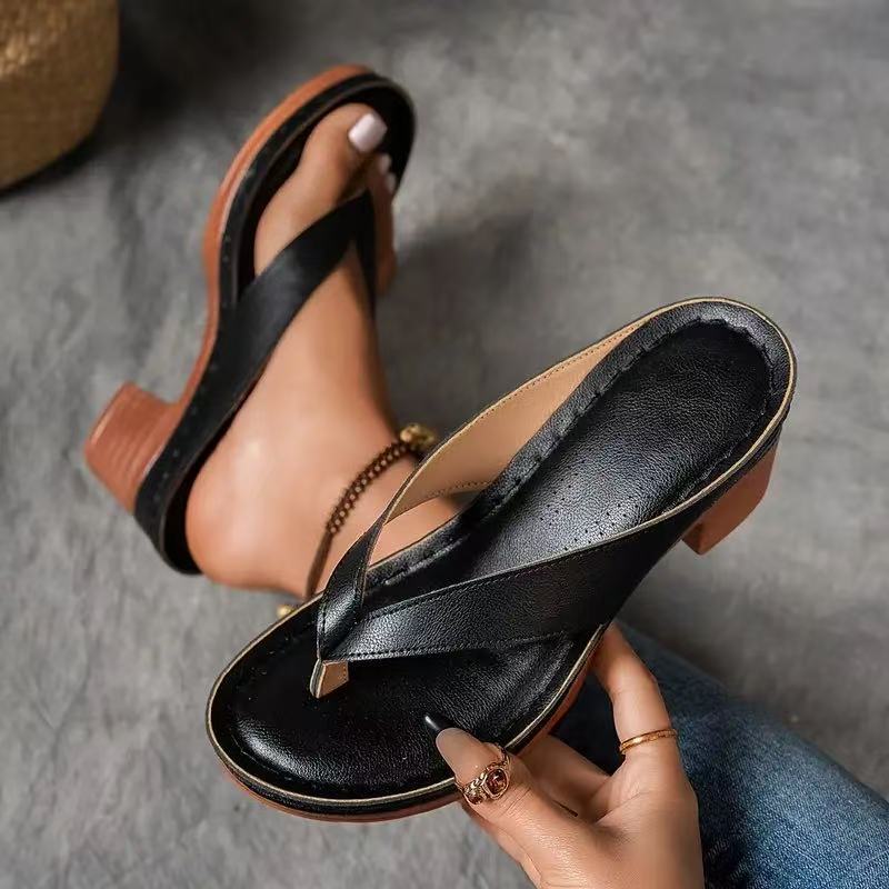 Square Heel Wedge Sandals Women Solid Color Slide Shoes AdriaPulse
