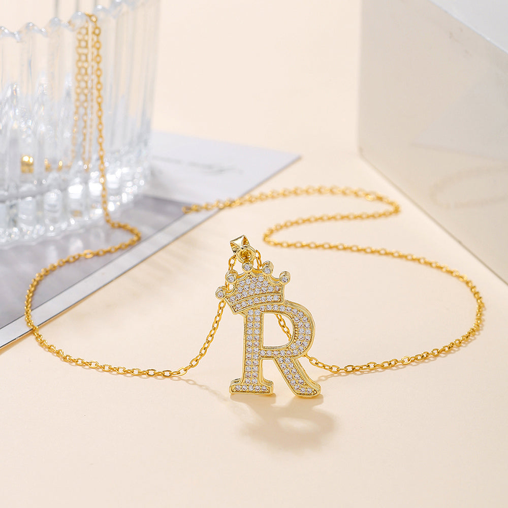 Gold Crown Initial Letter Pendant Necklace – Zircon A–Z Alphabet Jewelry