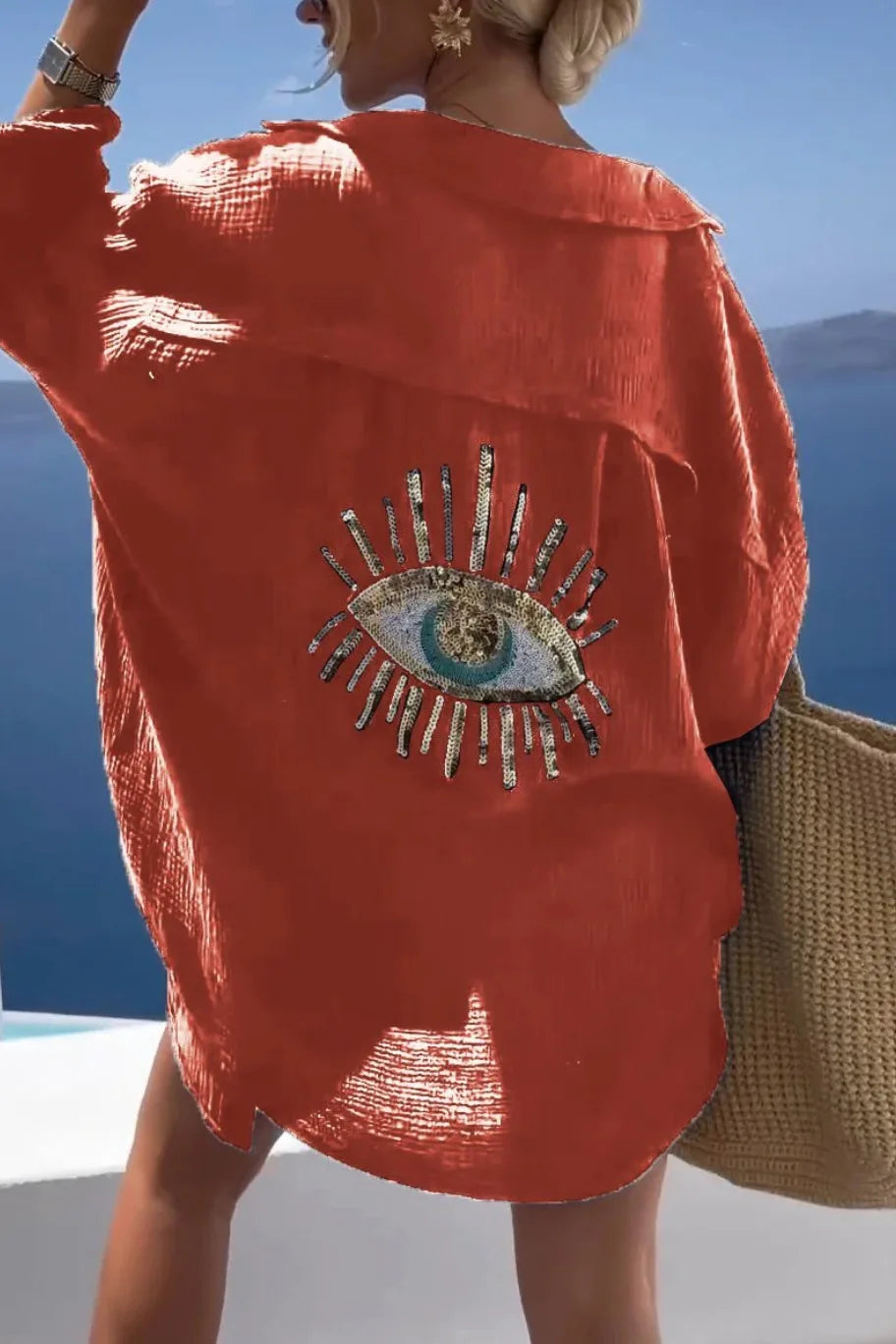Spring Summer Fashiona Sequin Eye Shirt Dresses 2024 Women Casual Beach Style Loose Button Sun Protection Shirt Dress