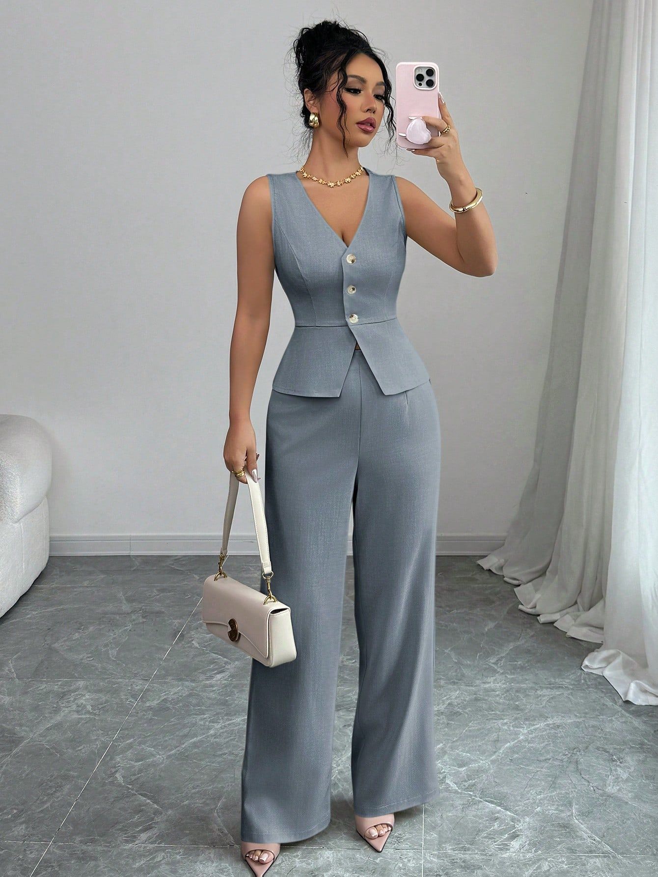 Women's Slim V-Neck Vest High Waist Trousers Two-Piece Set Sleeveless Summer Co-Ord – AdriaPulse

