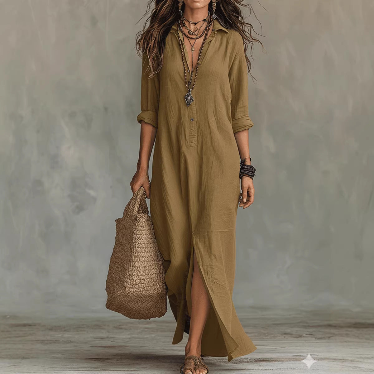 Women's Long Sleeve Maxi Dress Casual A-Line Side Slit Beach Dress – AdriaPulse"