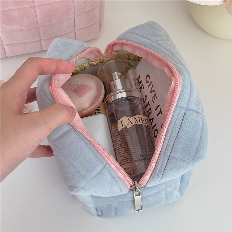 Trousse de Maquillage en Peluche – Lot de 3 Trousses de Toilette à Carreaux Mignonnes pour Femmes | Rose, Bleu & Blanc