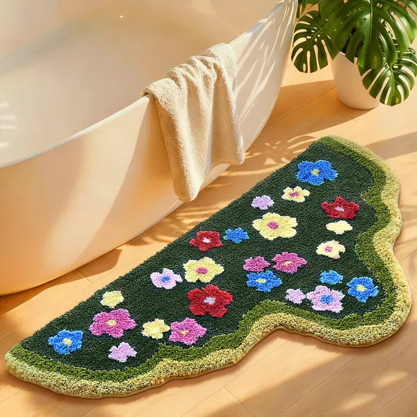Green Moss Bathroom Runner Rug – Boho Leaf Bath Mat Non-Slip Absorbent