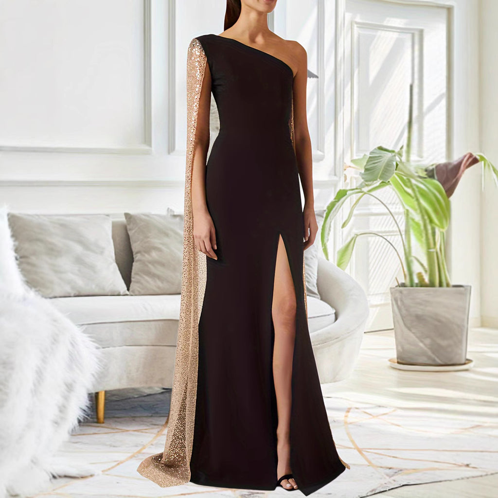 One-Shoulder Cloak Maxi Dress Long Sleeve Black Slit Party Dress – AdriaPulse
