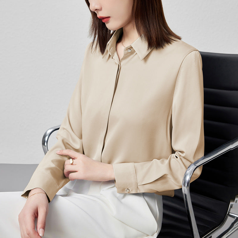 Women's Satin Long Sleeve Button Shirt Elegant OL Business Blouse – AdriaPulse
