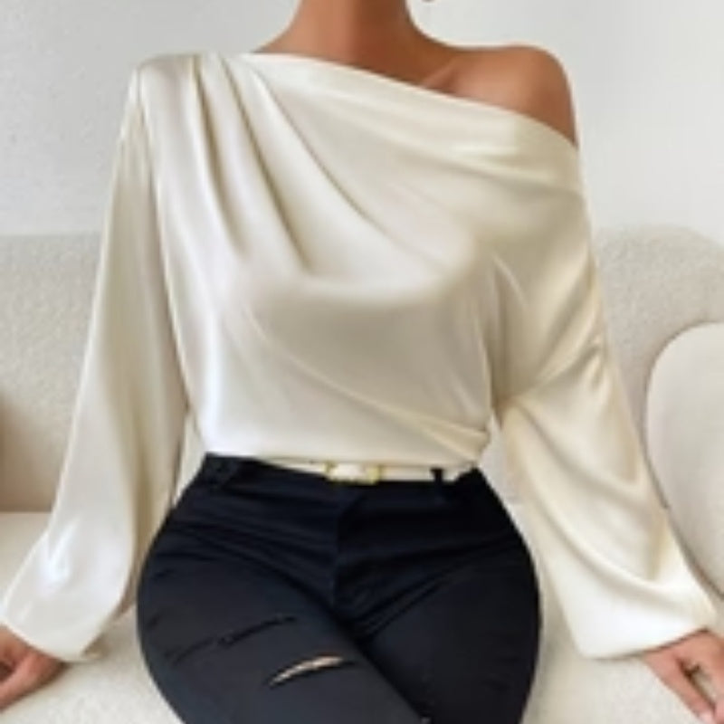Women's Asymmetric Off-Shoulder Long Sleeve Top Solid Color Apricot Black White Yellow Green – AdriaPulse