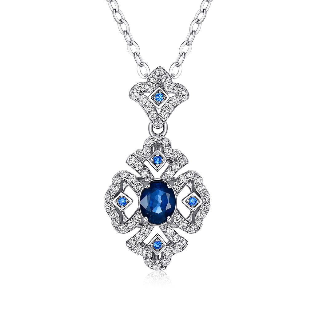 S925 Silber Retro-Muster Halskette Damen Vielseitiger Natur-Saphir-Anhänger