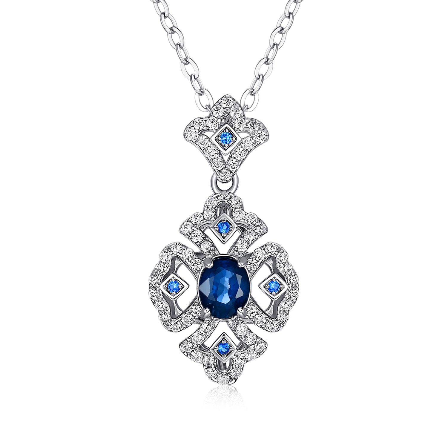 S925 Silber Retro-Muster Halskette Damen Vielseitiger Natur-Saphir-Anhänger