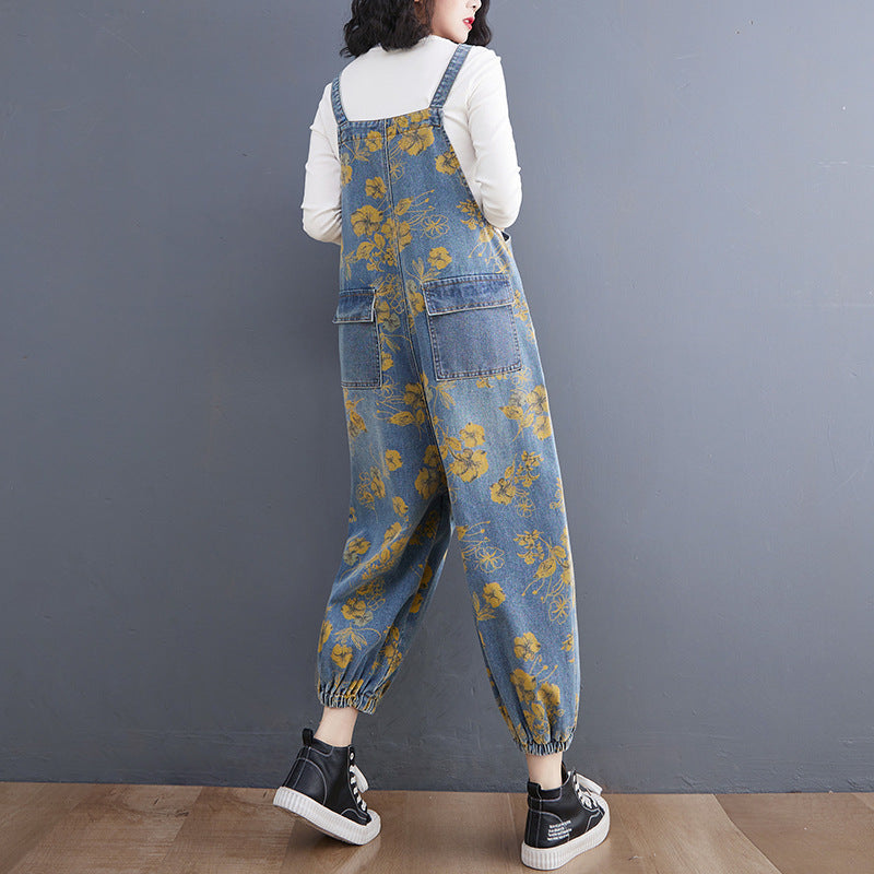 Women's high waist washed cotton denim suspender overalls with print detail in blue, urban casual spring style – AdriaPulse"