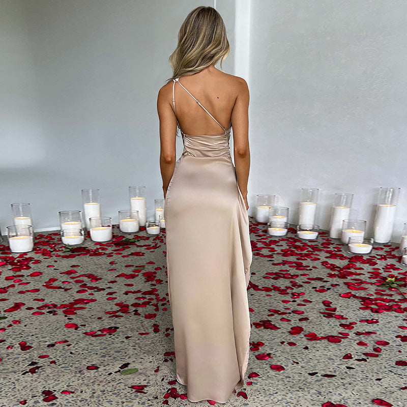 One-Shoulder Backless Slit Satin Maxi Dress Women  AdriaPulse