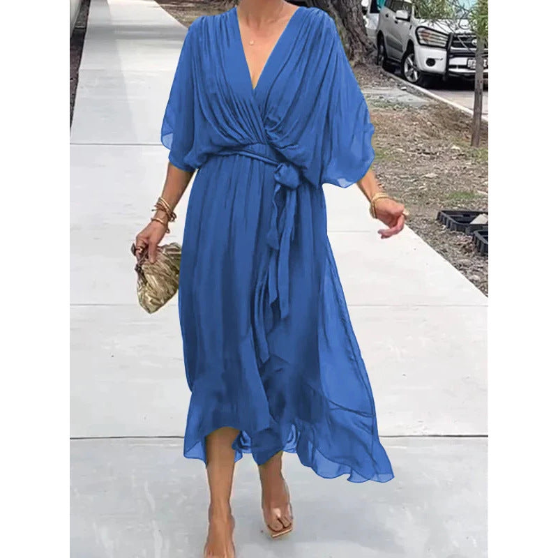Batwing Sleeve V-Neck Midi Dress Flowy Tied Fairy Dress Women AdriaPulse
