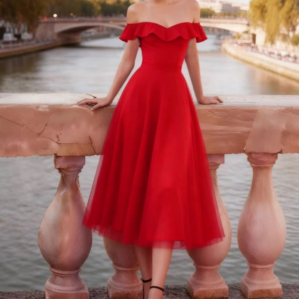 Luxe Off-Shoulder Slip Dress – Slim-Fit Maxi Evening Gown in Red